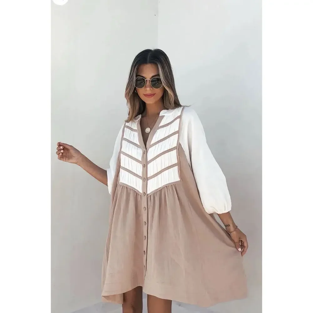 Magnolia Boutique Chic Babydoll Cream Color Block Tunic Dress Size Medium - Picture 3 of 16